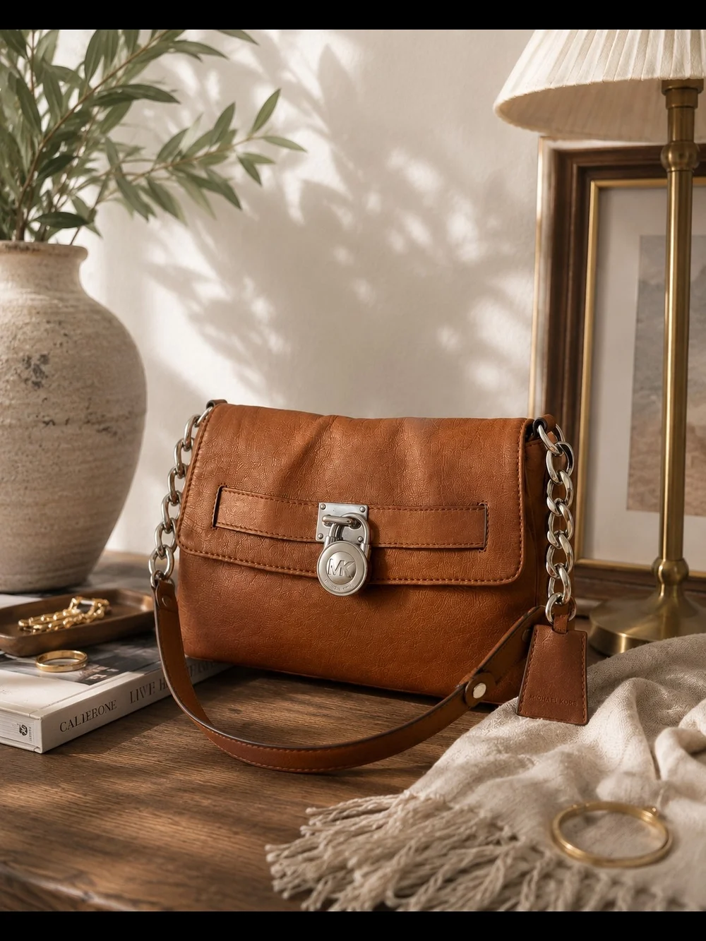 Michael Kors Brown Pebbled Leather Medium Shoulder Bag Chain Strap Padlock Purse